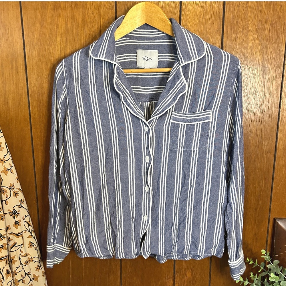 Rails Womens Small Button Up Shirt Blue White Striped Long Sleeve Collared